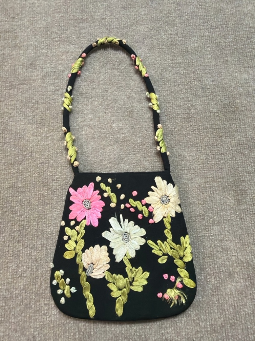 Vintage Fiorucci Italy Black Floral Embroidered Mini Bag Y2K Coquette